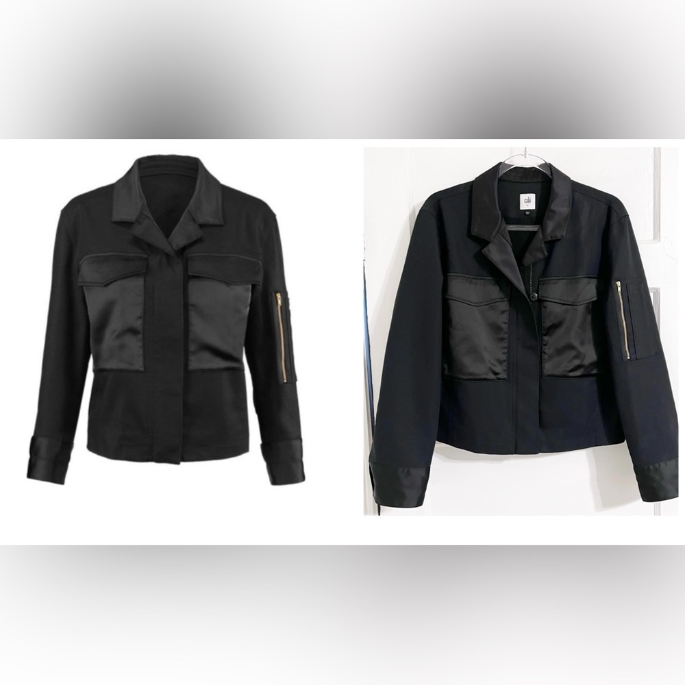 CAbi Black Jacket with Satin Accents Zippers Buttons Cropped Moto Versatile